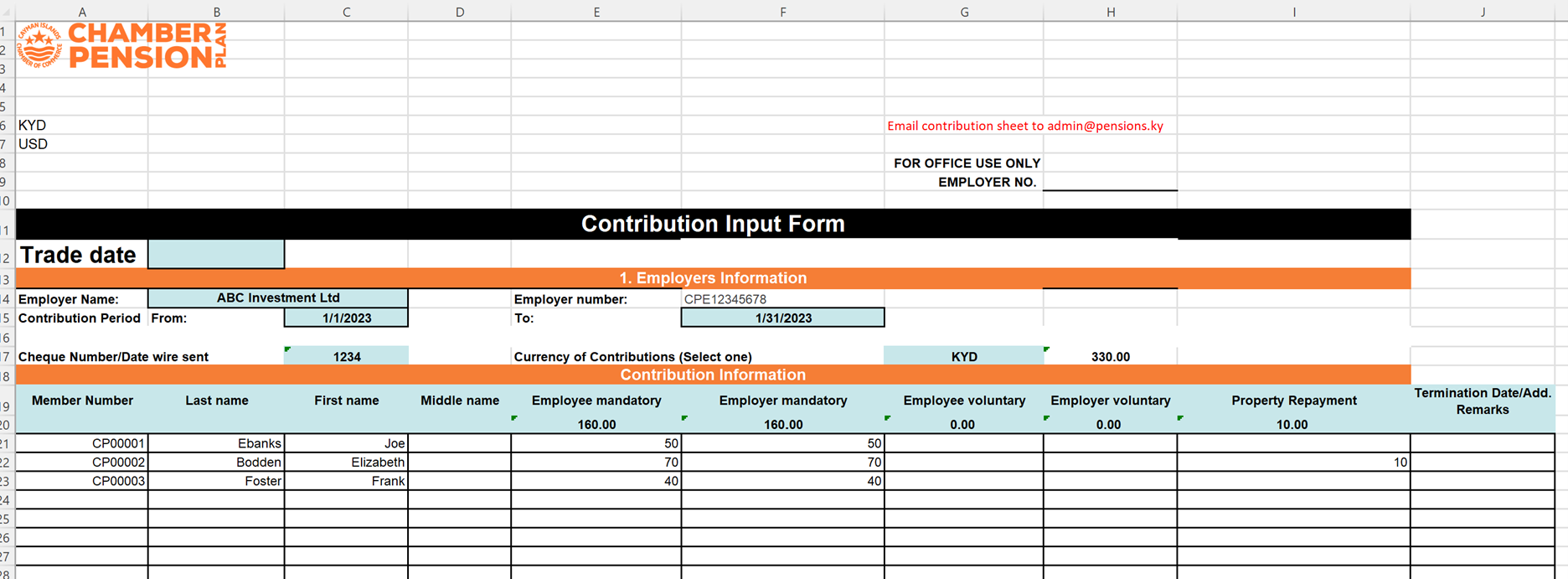 Required Contribution Sheet – Chamber Pension Plan